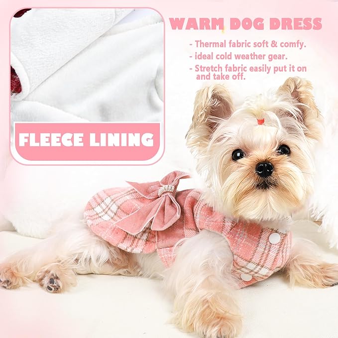 Yikeyo Dog Sweater Dress,Winter Dog Dress for Medium Dogs Girl, Plaid Dresses, Fleece Lining,Winter Warm Female Small Clothes, Pet Outfits Coat Cat Apparel Holiday Christmas,Medium,Pink