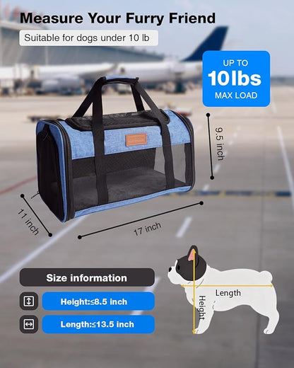 Pet Carrier Airline Approved 17x11x9.5 in - Underseat, Top & Side Entry Soft Dog Cat Travel Carrier with Safety Zippers ＆ Anti-Scratch Mesh for Small Cat and Dog for Pets Up to 10 Lb - Blue