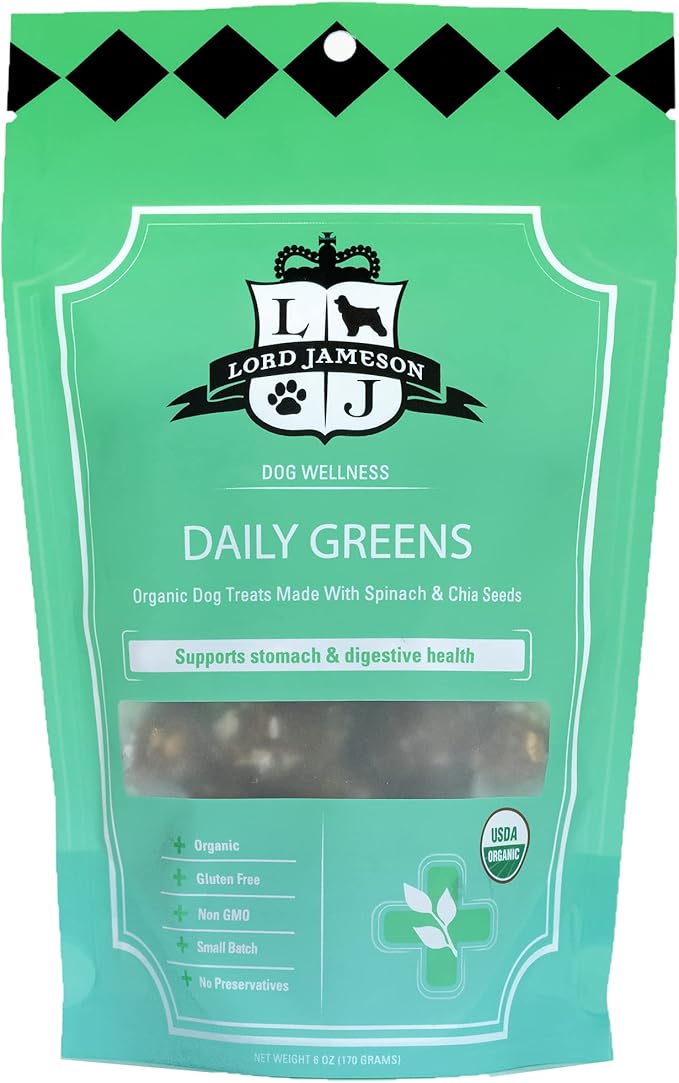 Lord Jameson Daily Greens Soft & Chewy Organic Dog Treats - Digestion Supporting Spinach, Dandelion, & Ginger - No-Bake, Gluten-Free, Preservative-Free, USDA Certified Organic - Made In USA 6 oz