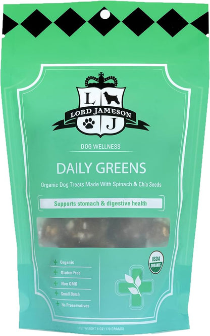 Lord Jameson Daily Greens Soft & Chewy Organic Dog Treats - Digestion Supporting Spinach, Dandelion, & Ginger - No-Bake, Gluten-Free, Preservative-Free, USDA Certified Organic - Made In USA 6 oz