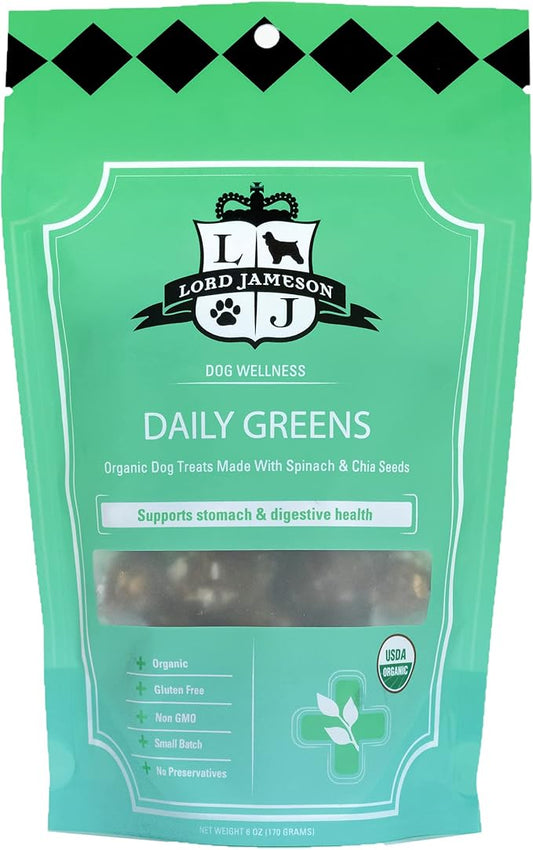 Lord Jameson Daily Greens Soft & Chewy Organic Dog Treats - Digestion Supporting Spinach, Dandelion, & Ginger - No-Bake, Gluten-Free, Preservative-Free, USDA Certified Organic - Made In USA 6 oz