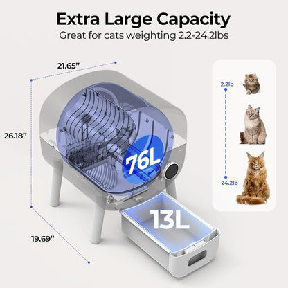 Fsitego Self Cleaning Cat Litter Box: 76L Extra Large Automatic Litter Box for Multiple Cats, Odor-Free, Smart App Control, Ambient Light Waste Disposal