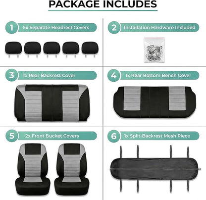 FH Group Automotive Car Seat Covers Full Set Premium 3D Air Mesh Front Seat Covers, Airbag Compatible & Split Bench Cover Universal Fit Interior Accessories for Cars Trucks and SUVs - Gray