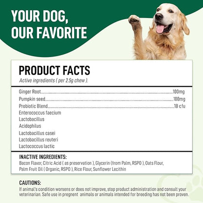 Probiotics for Dogs 120 Chews - Digestive Enzymes & Gut Health Support with Pumpkin Seed, Ginger Root – Dog Probiotics for Diarrhea, Bowel & Immune Support - Bacon Flavor, Soft Chews