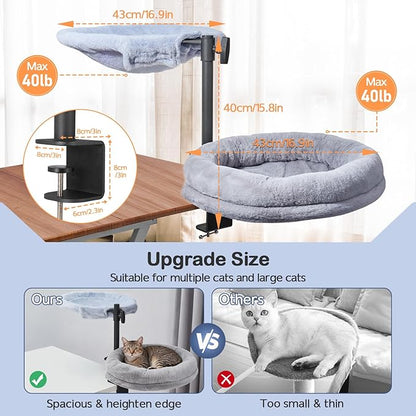 Odoland 2 in 1 Cat Desk Bed - Cat Hammock for Home Workers - 360 Rotating Adjustable Heigh Desktop Perch Clamp with Replace Mattress - Max Weight 80LBS for Kitten Adult Cats Small Pet