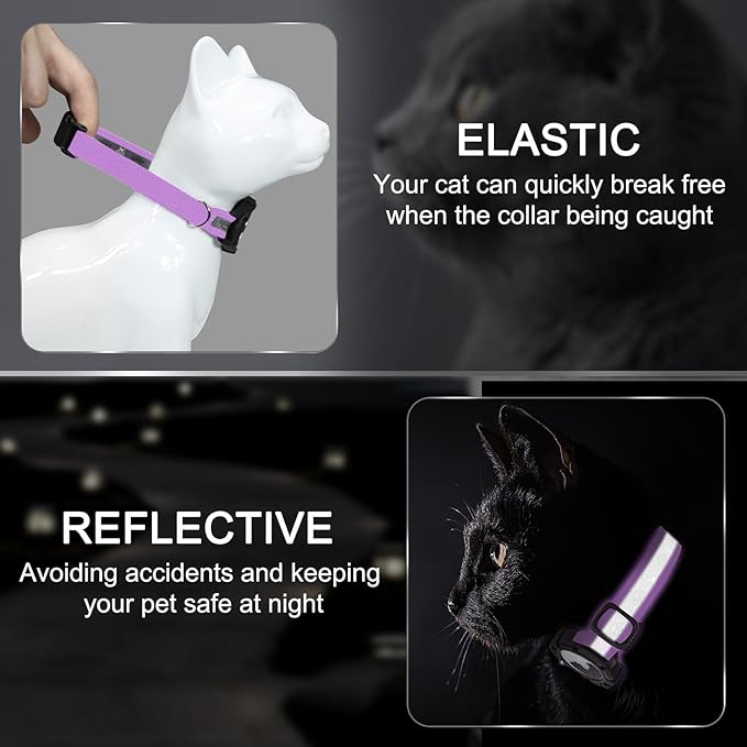 Reflective AirTag Cat Collar, Integrated Cat Tracker Collar with Air Tag Holder and Bell, Safety Elastic Band Cat GPS Collars for Girl Boy Cats, Kittens and Puppies (Lilac,S)