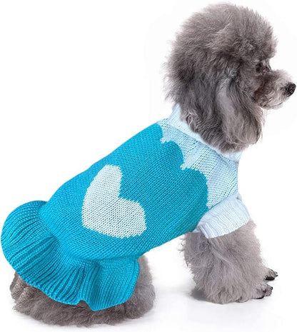 CHBORCHICEN Pet Dog Sweaters Classic Knitwear Turtleneck Winter Warm Puppy Clothing Cute Strawberry and Heart Doggie Sweater (S, Dress-Sky Blue)