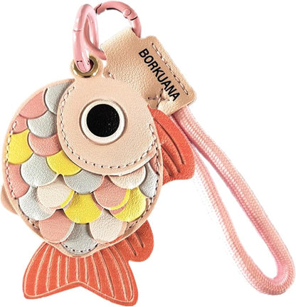Leather Keychain Holder Case Compatible with AirTag,Cute Protective Cover with Keyring and Lanyard,Anti-Scratch Finder GPS Tracker Case for Wallet Keys,Bag,Pets,Backpack(Pink Fish)
