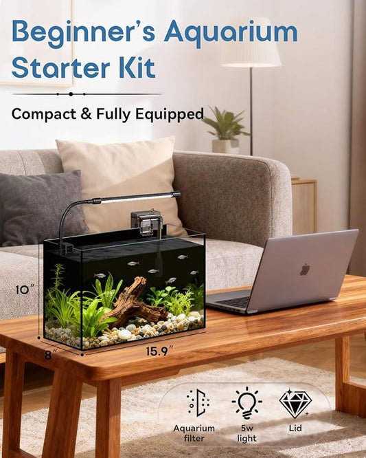 Glass Fish Tank Kit, 5 Gallon Betta Fish Tank Aquarium Starter Kit with Filter, Lights, Lid, for Betta, Goldfish, Small Fish or shrimg
