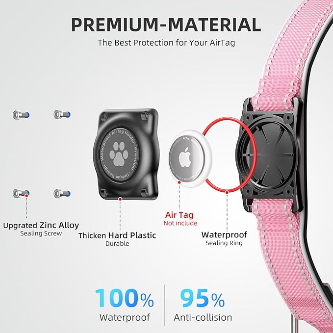 AirTag Dog Collar, IP68 Waterproof Air Tag Dog Collar Holder, Reflective, Ultra-Durable, Comfortable Padded, Heavy Duty Dog Collars for Small Medium Large Dogs (Light Pink, S)