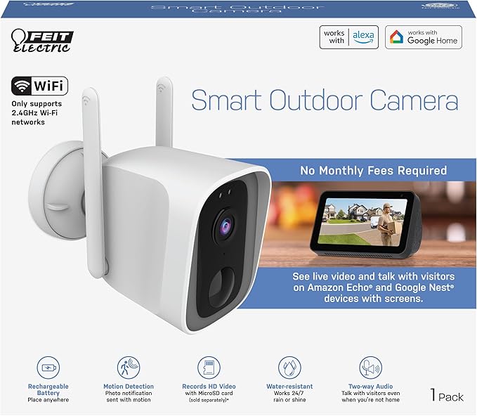 Feit Electric Outdoor Wireless Security Camera, 1080p HD, Motion Detection Alerts, Night Vision up to 30ft, Battery Powered, SD Card Storage, 2.4GHz WiFi, Mount with Magnetic Bracket