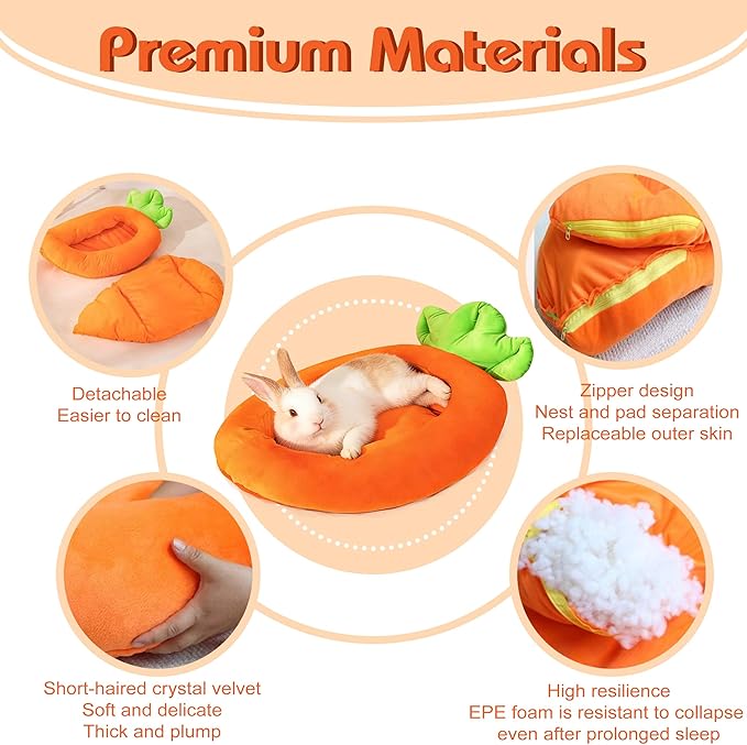 Rabbit Bed Warm Small Dog Cat Sleeping Carrot Banana Beds Bunny Bed Guinea Pig Hideout Bed Thick Soft with Removable Mat,Machine Washable Guinea Pig Cushion (Carrot（18.5 * 11.02 * 3.94）)