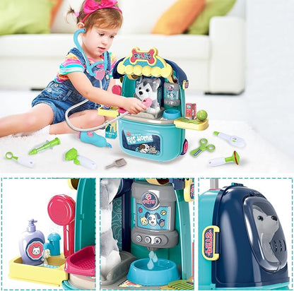 MAGIC4U Pet Cat Care Carrier Suitcase Toy, 29PCS Doctor Vet Kit for Kids, Pet Dog Grooming Feeding Toys, Veterinarian Pretend Play Set, Gifts for Boys and Girls Ages 3-12