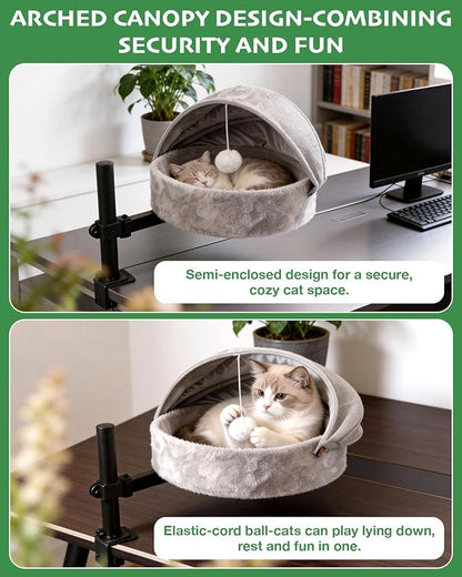 Cat Desk Bed for Large Cats Up to 44lbs, Heavy Duty 360° Rotating Cat Hammock for Desk with Foldable Canopy & Toy Ball, Adjustable Raised Desktop Cat Nest for Office, Reversible Summer & Winter Mat