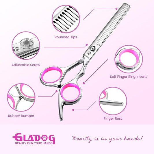 GLADOG Professional 4 in 1 Dog Grooming Scissors Set with Safety Round Tips, Sharp and Heavy-duty Pet Grooming Shears for Cats (Pink)