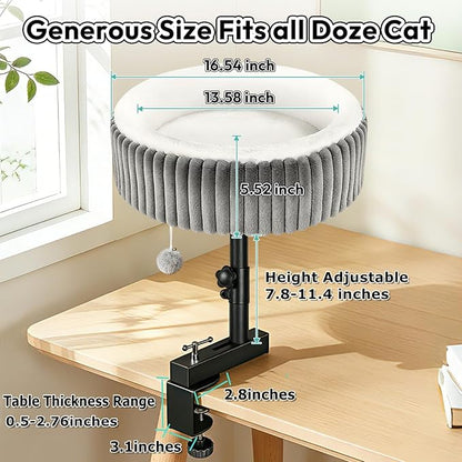 TNELTUEB Cat Desk Bed - 360° Rotating,Clamp On Cat Bed for Desks, Adjustable High Support Up to80 lbs for Office, Game Table, Island Tables, Desktop Attachment Hammock Grey