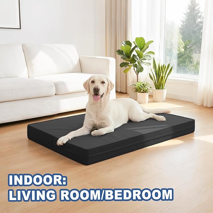 Vonabem Outdoor Dog Bed Waterproof Washable, XXL Large Crate Pad 48 Inch with Removable Cover, Leather Foam Pet Beds, Durable Anti-Slip Kennel Pad 47"x29" Black