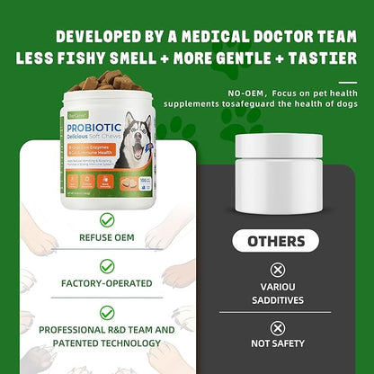Probiotic Chews for Dogs, Probiotics Soft Chews for Dogs Digestive Health, Daily Probiotics for Dogs with Digestive Enzymes, Dog's Daily Supplement, Dog Food Companion (Chicken Flavor 100Ct)