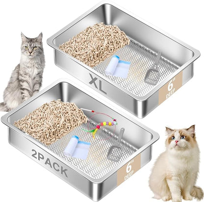 2 Pack Stainless Steel Sifting Litter Box for Pine Pellets,Sifting Cat Litter Box for Wood Pellets,Extra Large Sifter Litter Pan System with Litte Liners and Scoop-20 ''Lx 13.8''W x 6''H