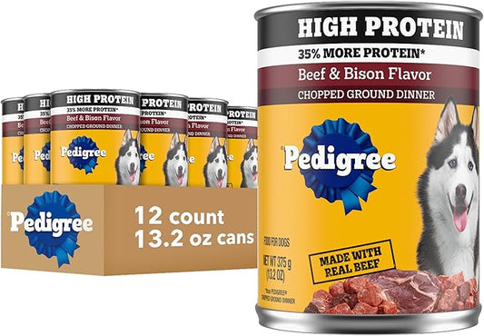 Pedigree High Protein Wet Dog Food, Adult Soft Canned Dog Food, Beef & Bison Flavor, 13.2 oz. Cans, 12 Count