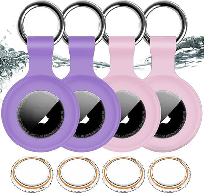 1|2|4Pack for Apple AirTag Holder,for Air Tag 2nd &1st Genaretion,Waterproof GPS Tracker Air Tag Keychain with Cover Anti-Scratch Silicone for Air-Tag Case for Pets,Luggages-Pink+Pink+Purple+Purple
