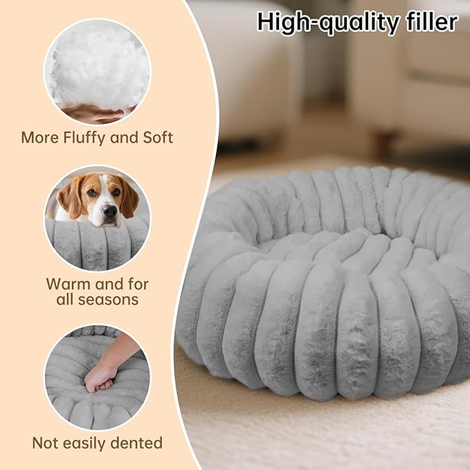 Donut Dog and Cat Bed, Luxurious Comfortable Faux Rabbit Fur Pet Beds, Soft Anti-Anxiety Calming Puppy Kitten Bed with Anti-Slip Bottom for Small Medium Dogs & Cats(23", Grey)