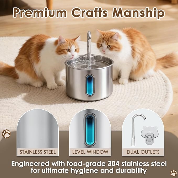Stainless Steel Cat Water Fountain, 74oz/2.2L Automatic Pet Water Dispenser with 3 Replacement Filters & 2 Replacement Water Outlets, Quiet Indoor Drinking Fountain for Cats Dogs, Water Level Window