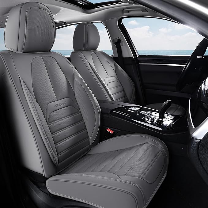 Coverado Car Seat Covers Full Set, Gray Seat Covers for Cars, Automotive Seat Covers, Waterproof Nappa Leather Front Seats and Back Car Seat Protector, Universal Fit for Most Cars SUV Trucks