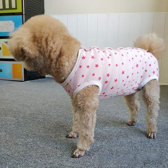 Dog’s Recovery Suit Post Surgery Shirt for Puppy, Wound Protective Clothes for Little Animals(Pink Stars-l)