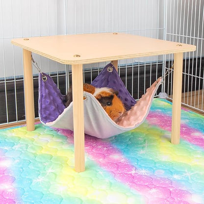 BESNEW Enlarged Guinea Pig Hammock with Wooden Stand,Small Animal Hanging Bed Large Platform for Guinea Pigs Bunny Ferret Hamster Hiding Sleeping 13L x 13W x 11H in