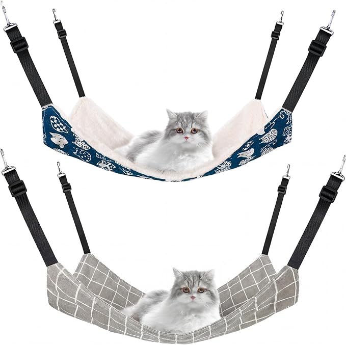 2 Pieces Reversible Cat Hanging Hammock Soft Breathable Pet Cage Hammock with Adjustable Straps and Metal Hooks Double-Sided Hanging Bed for Cats Small Dogs Rabbits, Medium