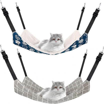 2 Pieces Reversible Cat Hanging Hammock Soft Breathable Pet Cage Hammock with Adjustable Straps and Metal Hooks Double-Sided Hanging Bed for Cats Small Dogs Rabbits, Medium