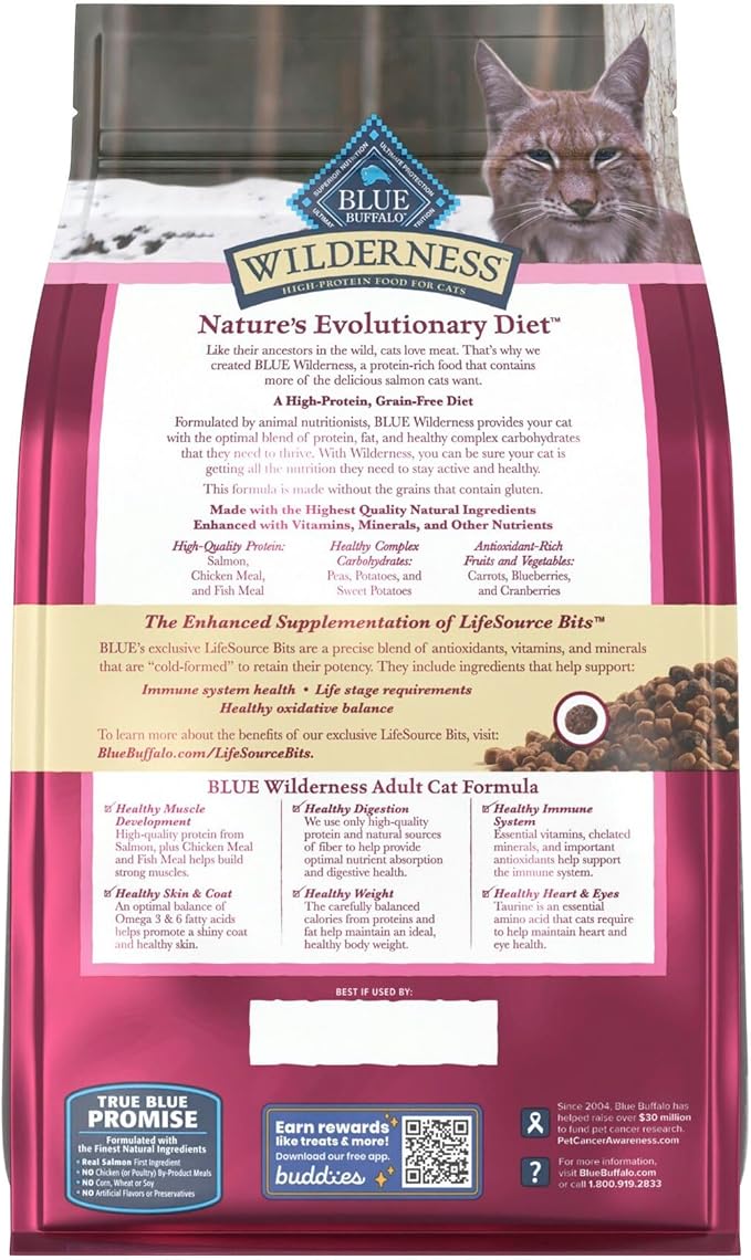 Blue Buffalo Wilderness Natural Adult Dry Cat Food, High-Protein and Grain-Free Diet, Supports Healthy Muscle Development and a Healthy Immune System, Salmon, 5-lb Bag