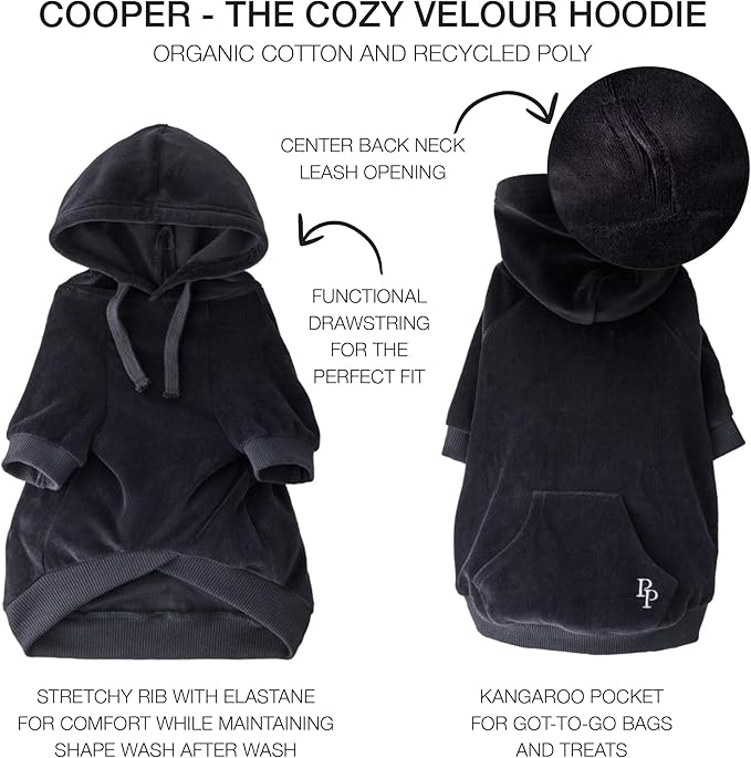 Pet Passion Cooper II Organic Cotton Velour Dog Hoodie Pet Coat for Small, Medium and Large Dogs, Black, Large (40-60 lbs)