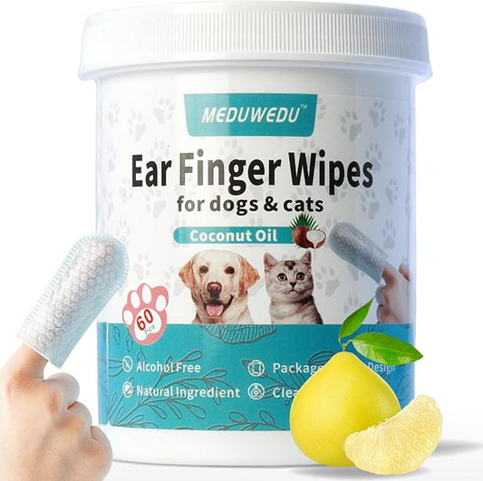 MEDUWEDU Ear Cleaner Finger Wipes 60 Counts, Dog Ear Cleaner,Soft & Easy Otic Cleaning Pads, Remove Wax, Dirt & Stop Smelly, Itchy, Non-Irritating, Grapefruit Scent