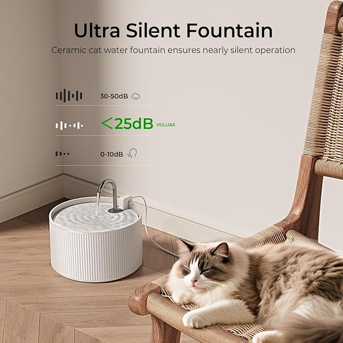 Voluas 2.2L Ceramic Cat Water Fountain with 3 Filter Automatic Pet Fountain | 74oz capacity, ceramic bowl, 4-layer filtration, ultra-quiet pump, faucet and bubbling modes, easy to clean, dishwasher-safe