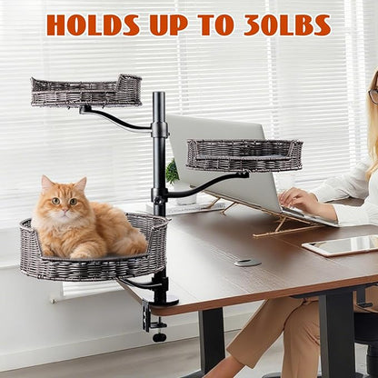 Niubya Cat Desk Bed Mount with Adjustable Height,Rattan Cat Desk Perch Supports 30 Lbs,360°Rotation Desktop Kitty Attachment for Indoor Home Office,3 Bed