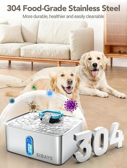 SIBAYS 4Gal/15L Large Dog Water Fountain, Stainless Steel Pet Water Fountain with Water Level Window and LED Light, Ultra Quiet Automatic Dog Water Bowl Dispenser, Easy to Clean(FS78, Silver-Blue)