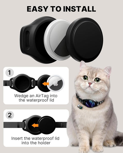 typecase Reflective Breakaway Cat Collar with AirTag Holder, Black/Blue | Black Reflective Breakaway Cat Collar With Bell And Silicone AirTag Holder; Adjustable 8-12 In; AirTag Not Included