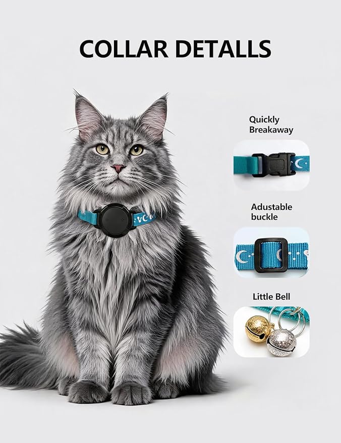 GPS Cat Tracker Collar (iOS & Android) - Real-Time Activity Tracking Blue | No Subscription Smart Pet Finder Tag, Works with Google Find Hub & Apple Find My App for Keys, Kitten Items