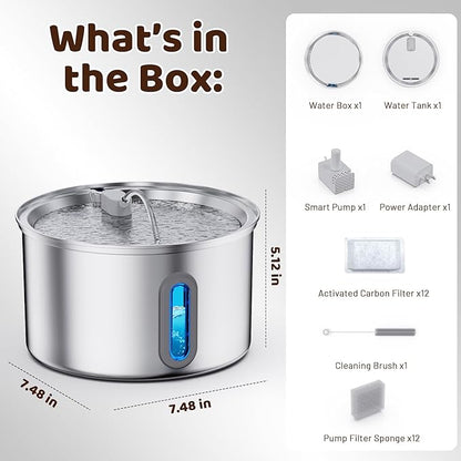 Cat Water Fountain Stainless Steel, 3.2L/108oz Pet Fountains for Drinking with Smart Quiet Pump and Large Water Level Window, Easy-to-Clean Automatic Pet Water Dispenser for Indoor Use