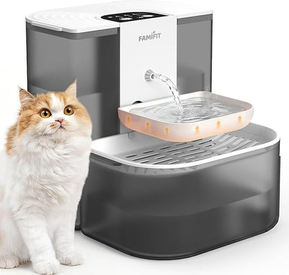 [New Upgrade] Famifit 4.5L+2L Heated Automatic Cat Water Fountain, 4000mAh Battery, Warm Water Option, Timed & Measured Control, Clean Water System, No Filter, Ceramic Bowl, Plug-in Recommended