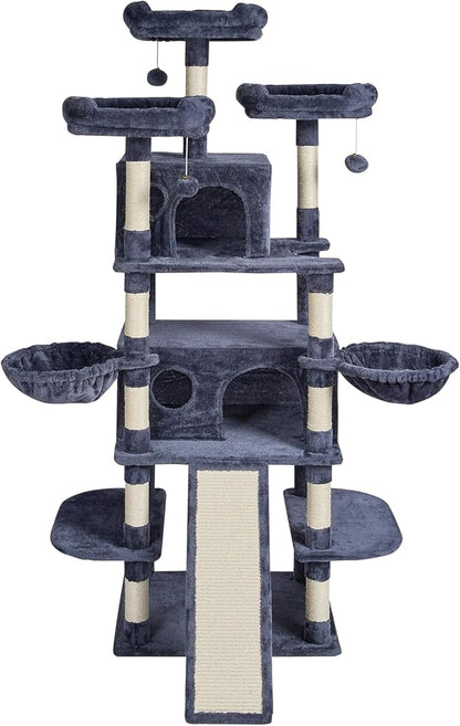 VEVOR Cat Tree for Indoor Cats, 68.5" Cat Tower with 2 Cat Condos, Sisal Scratching Post, Hammocks, Top Perches, Jumping Platforms and Ramp, Cat Furniture Activity Center with Hang Balls, Dark Grey