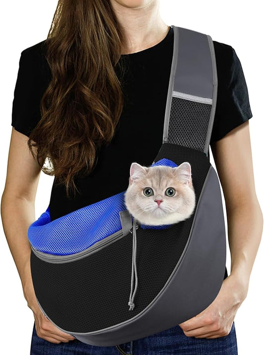 Pawaboo Dog Sling Carrier, Hand Free Breathable Mesh Bag for Puppy Cat, Drawstring Dog Papoose with Adjustable Strap and Pocket, Crossbody Satchel Dogs Purse for Outdoor Travel, S, Indigo