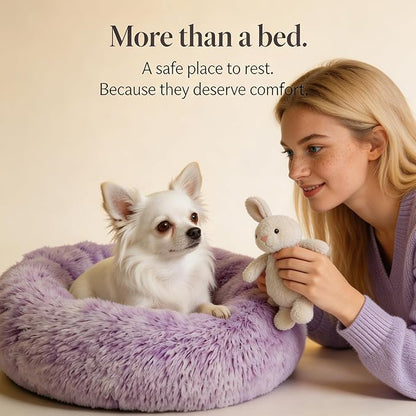 Calming Donut Dogs Beds for Small Dogs Washable,19inch Fluffy Round Puppy Bed for Puppies,Cats & Toy Breeds with Raised Rim,Fits up to 15 lbs Pets,Gradient Purple
