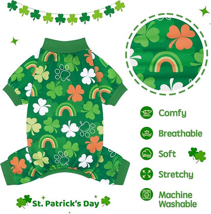 XPUDAC Dog Pajamas St. Patrick's Day Soft Dog Onesie Shamrock Puppy Clothes Comfy Stretchy Pet Outfit for Small Medium Dogs, L