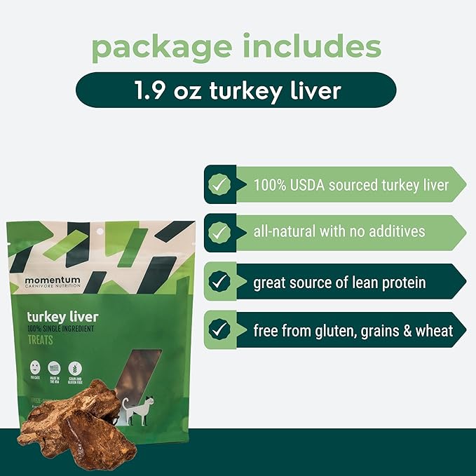 Momentum Carnivore Nutrition Freeze-Dried Turkey Liver Cat Treats – Single-Ingredient, High-Protein, All-Natural, Grain-Free, Naturally Flavorful & Lean – Made in USA – 1.9 oz Bag