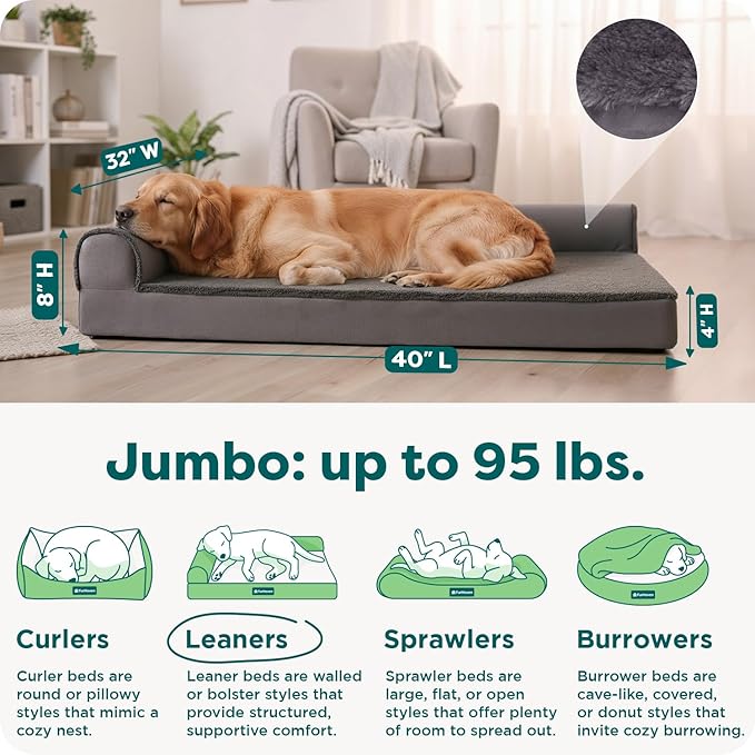 Furhaven Cooling Gel Dog Bed for Large Dogs w/ Removable Bolsters & Washable Cover, For Dogs Up to 95 lbs - Plush & Velvet L Shaped Chaise - Platinum Gray, Jumbo/XL