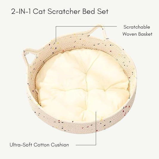 Cat Bed for Indoor Cats, 2-in-1 Cat Scratcher Bed, Round Washable Woven Basket with Soft Cushion, Cozy Kitten Bed, 17.7" x 5.9"
