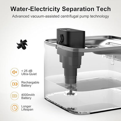 NPET Wireless Cat Water Fountain, 4L/135oz Pet Fountain with Smart Motion Sensor, 4000mAh Rechargeable Battery Operated & Quiet Pump, Automatic Cordless Water Dispenser with Multi-Filtration Filters